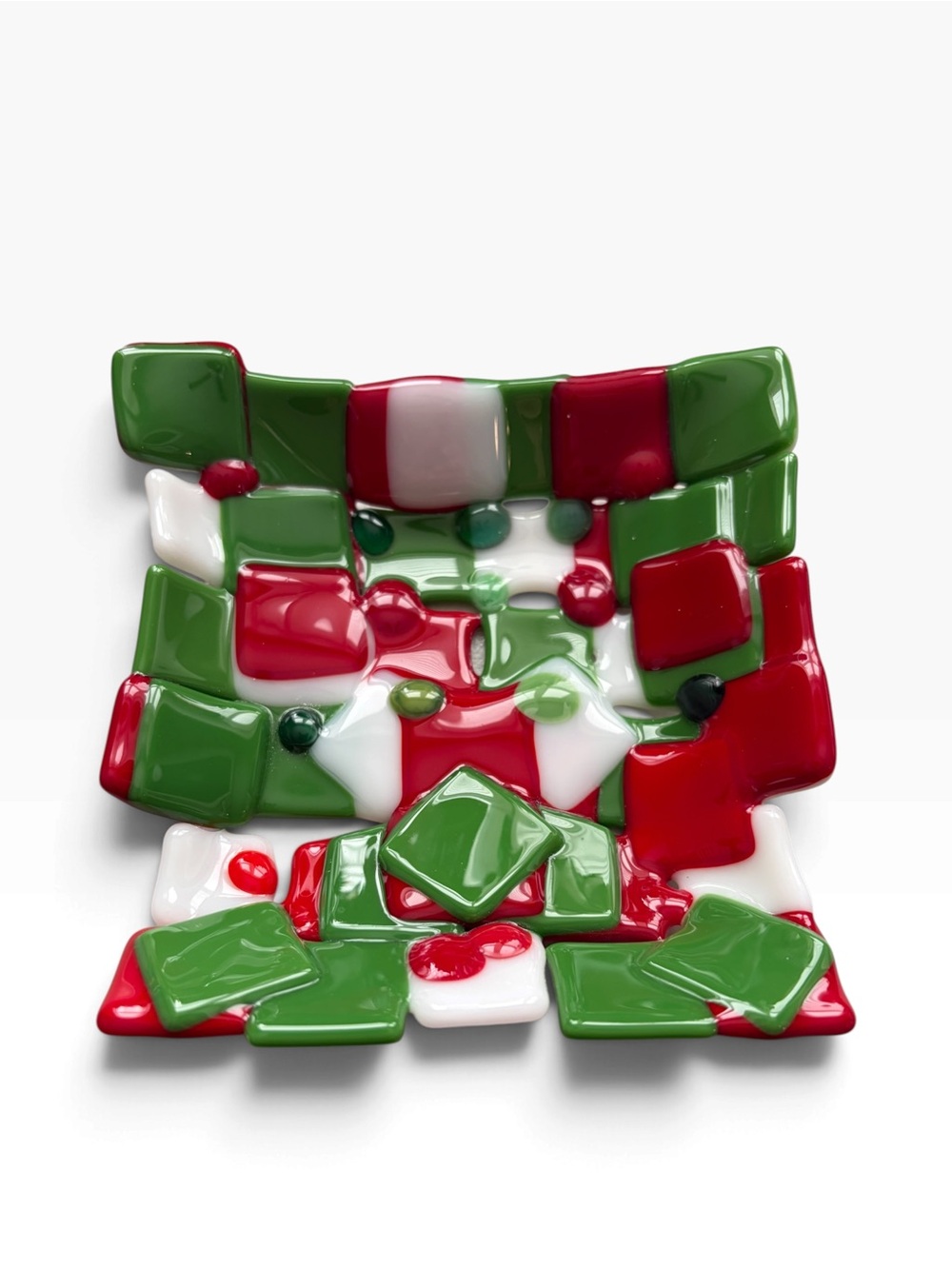 Hand crafted art glass red and green basket weave trinket dish